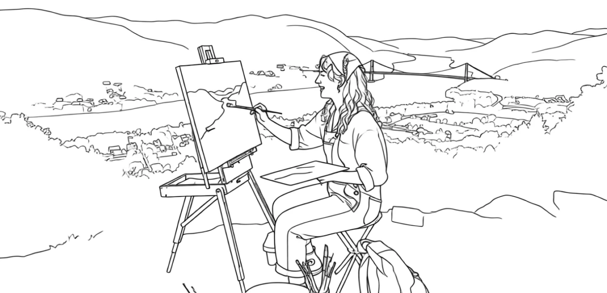 A young women painting a picture of the Hudson River from atop a mountain.