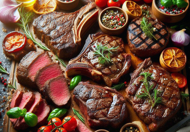 Assorted steaks on a table