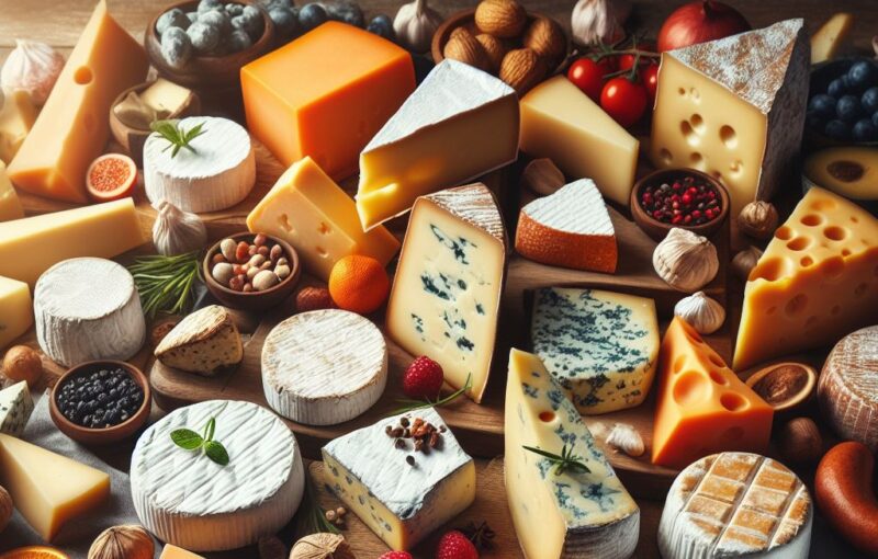 Assortment or cheese on a table.