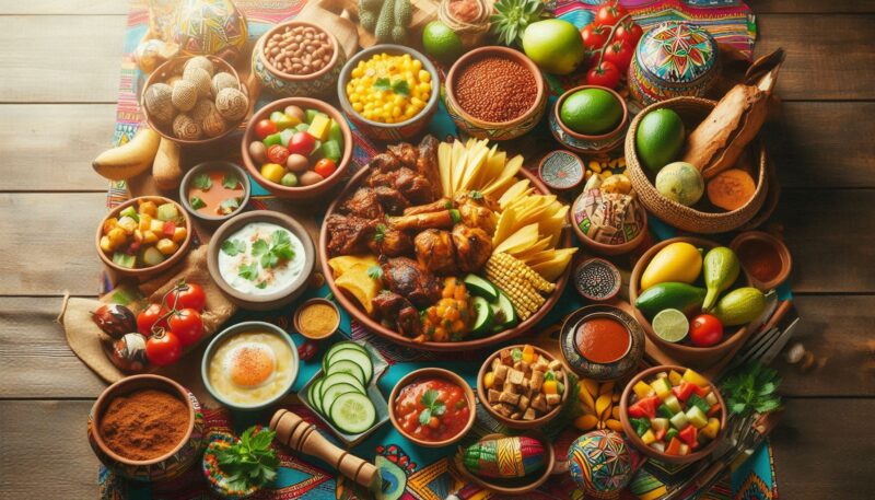 Colorful African food on a tabole with no people in image