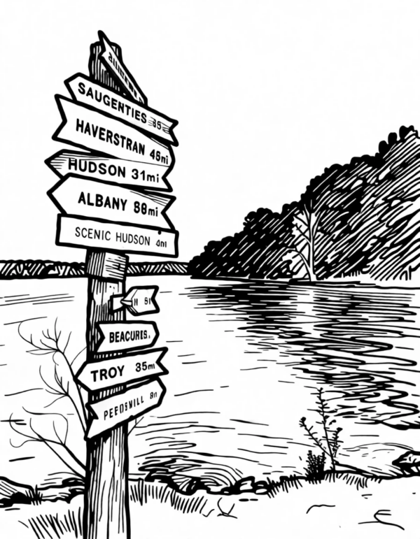 Direction sign on the bank of the Hudson River