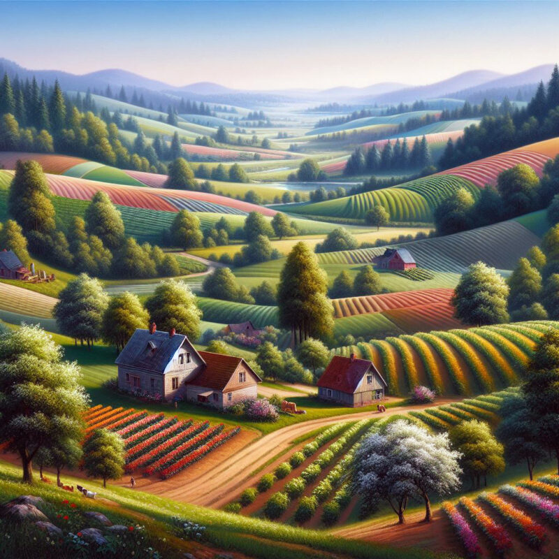 Farms and orchards in a sunlit valley