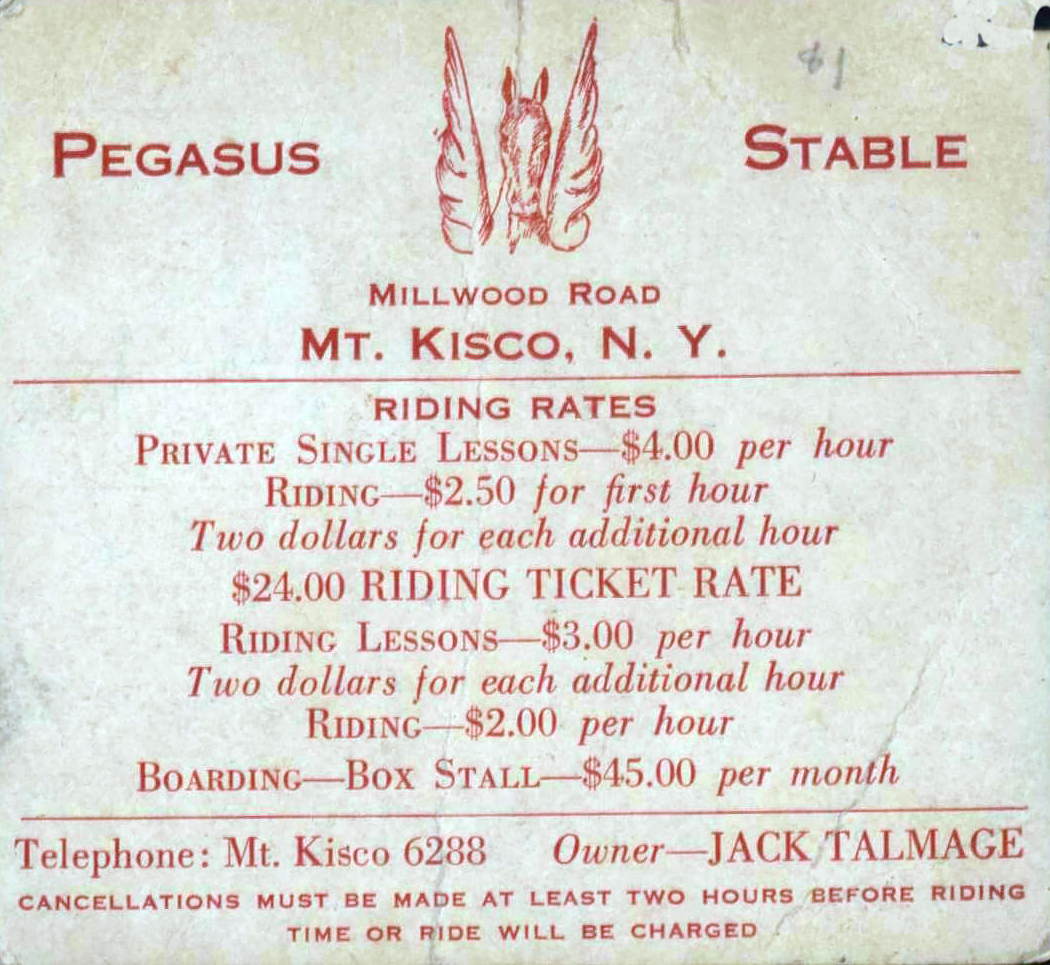 Horse Riding Rates, Mt. Kisco NY, Westchester County 1920s