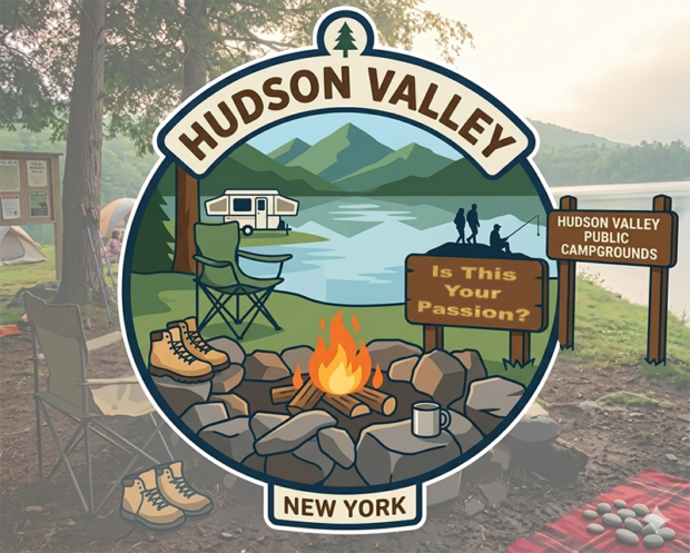 A campground on the shore f the Hudson River with a campfire burning.