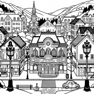 Line drawing of a performing arts center in a quaint hudson valley village.