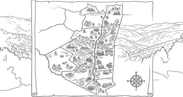 Map of Hudson Valley counties overlayed on an image of the Catskill Mountains