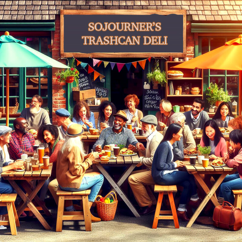 People eating outside of a deli