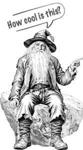 Rip Van Winkle sitting on a rock and pointing left