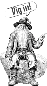 Rip Van Winkle sitting on a rock and pointing left, saying dig in Rip Van Winkle sitting on a rock and pointing left, saying dig in