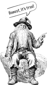 Rip Van Winkle sitting on a rock asaying, hnest it is true