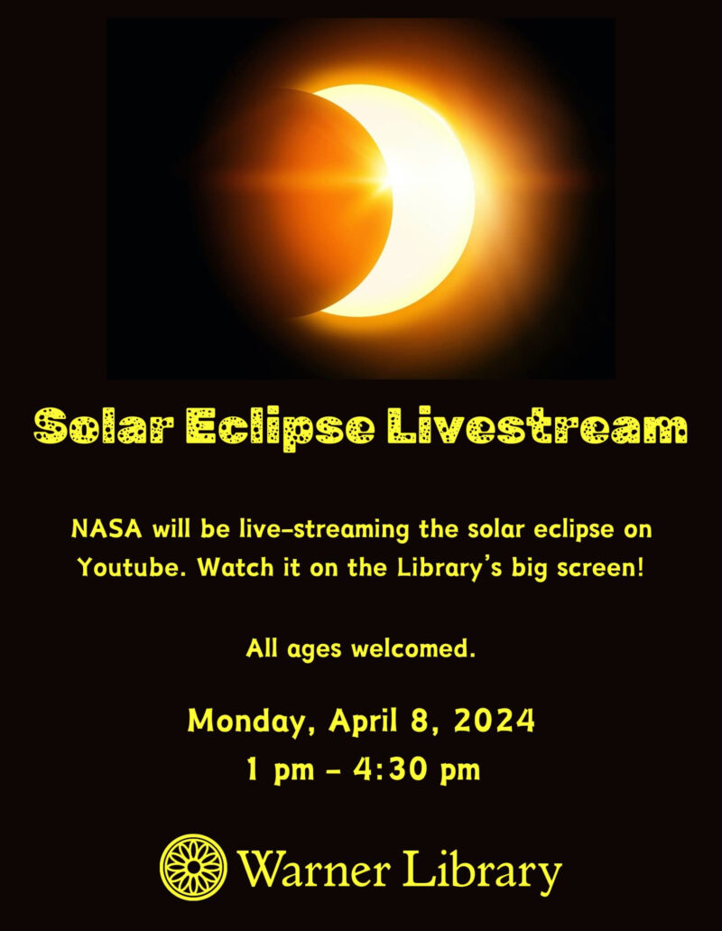 NASA will be broadcasting live the historic total solar eclipse on the afternoon of April 8. All are welcome to view on our big screen in Room C on the 3rd Floor.